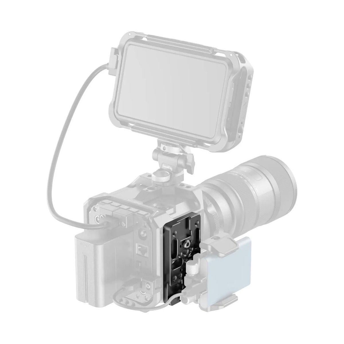 SmallRig 4887 Multifunctional Cheese Mount Plate - Anwendungsbeispiel: Seitliche Montageplatte am Kamerakäfig befestigt.