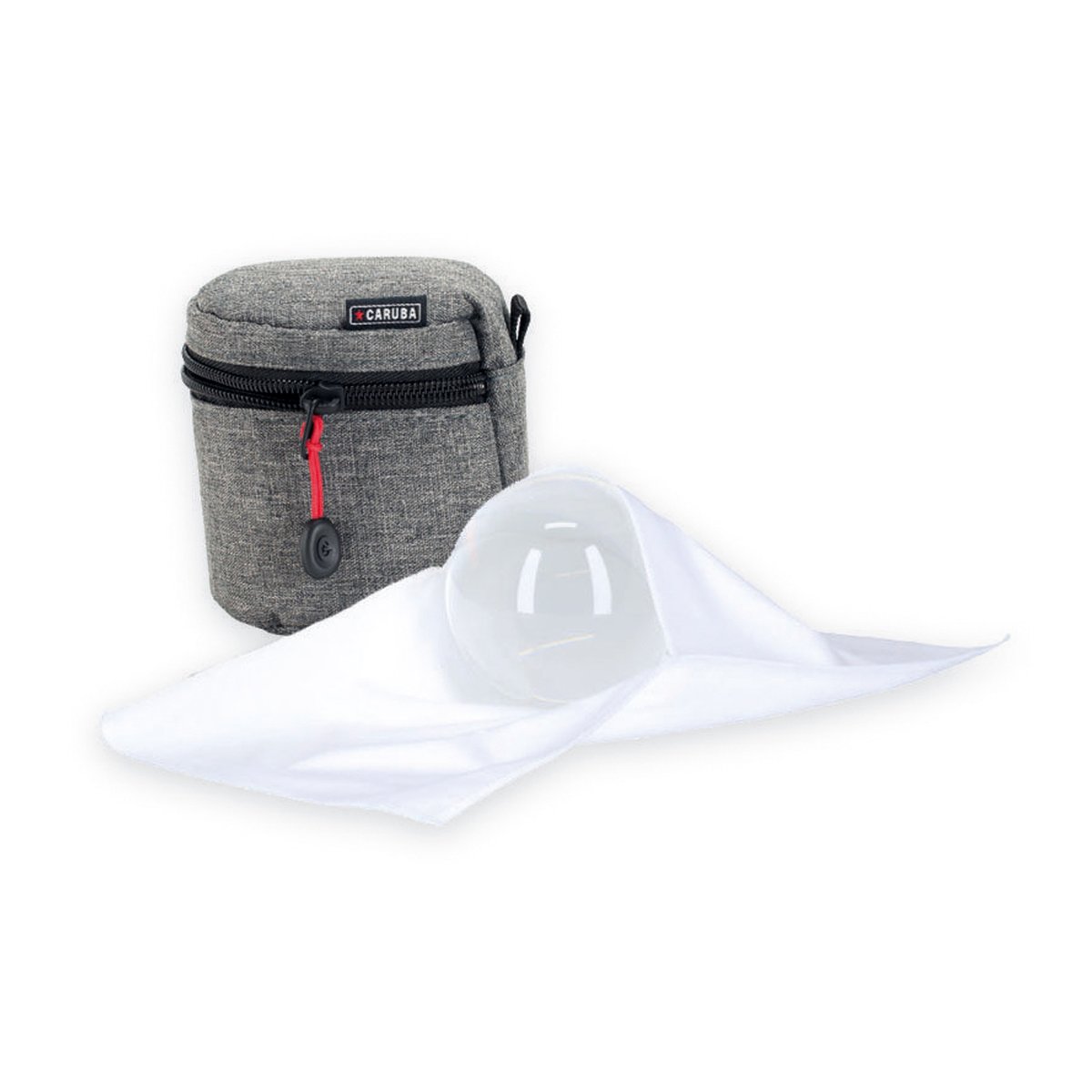 Caruba Tasche für Objektivkugel 60/80mm - Lieferumfang: Graue Tasche und transparente Diffusionskugel auf weißem Tuch