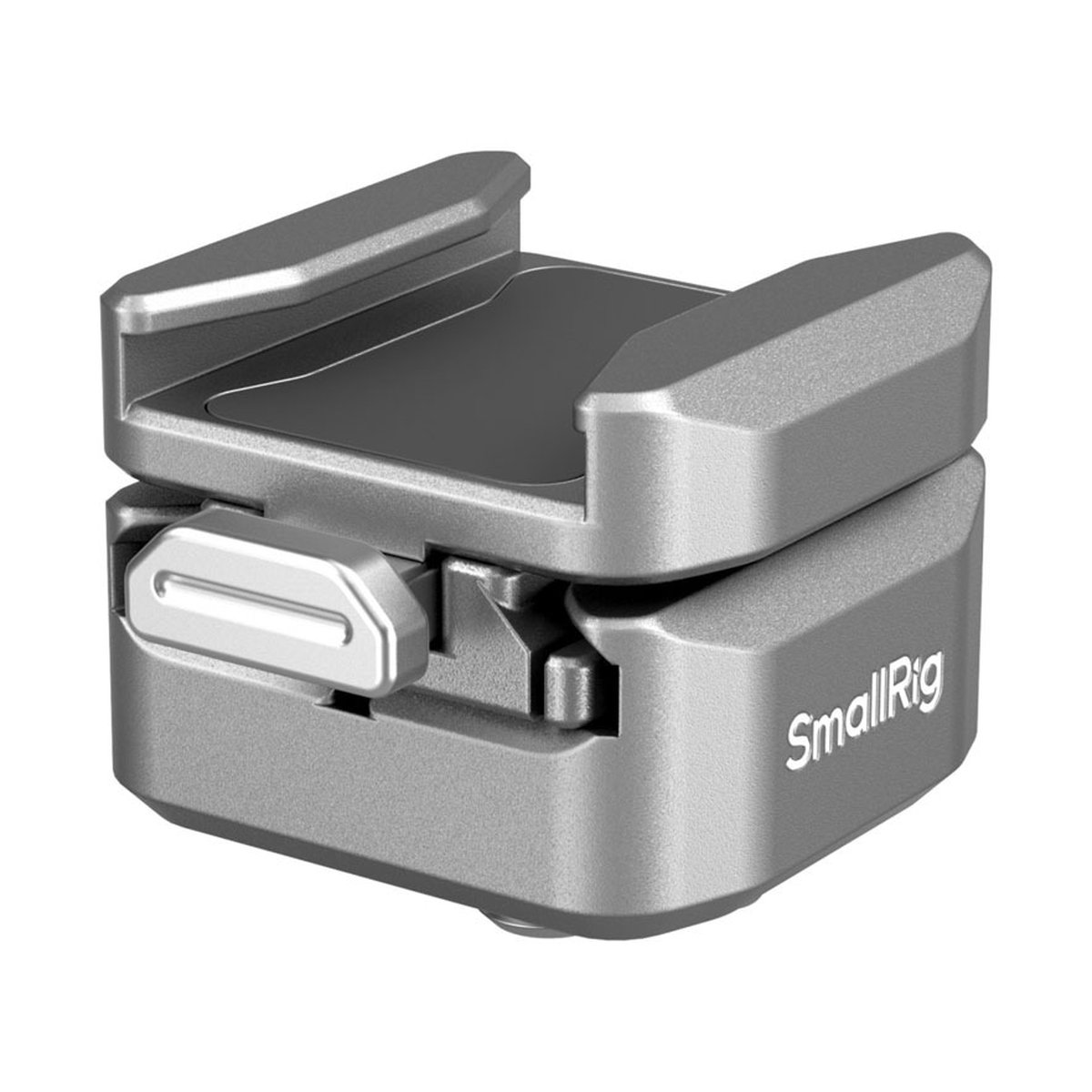 SmallRig 4500 HawkLock H18 QR Support mit Cold Shoe - Schrägansicht des SmallRig Blitzschuhadapters mit Feststellhebel