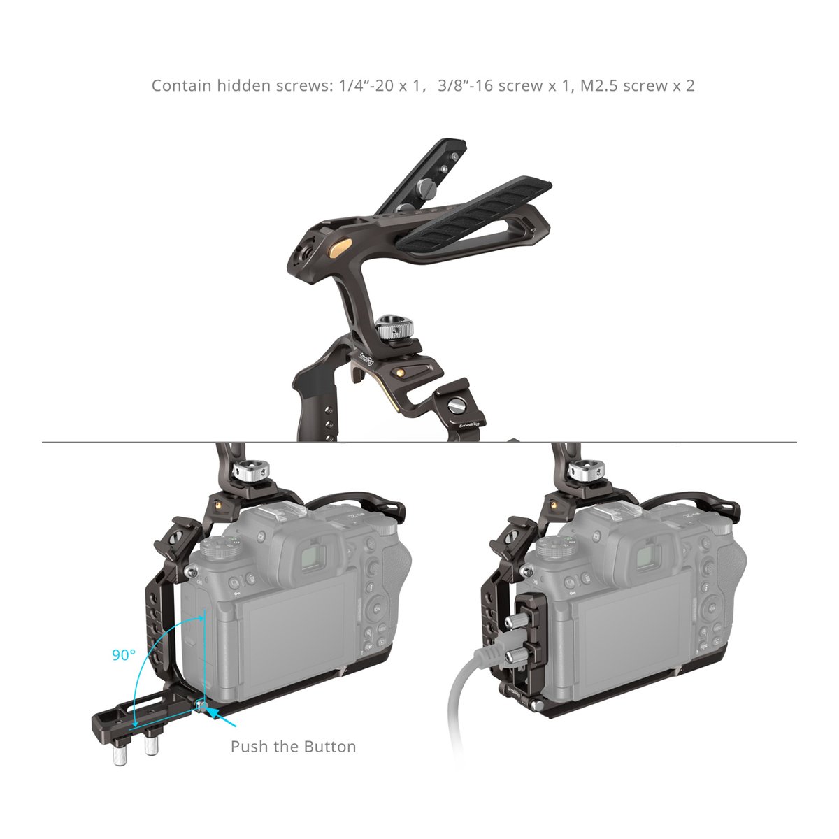 SmallRig 4522 Night Eagle Cage KIT für Nikon Z 6III - Detailansicht Kamera-Cage: schwenkbarer Seitenarm, Portzugang & beiliegende Schrauben.