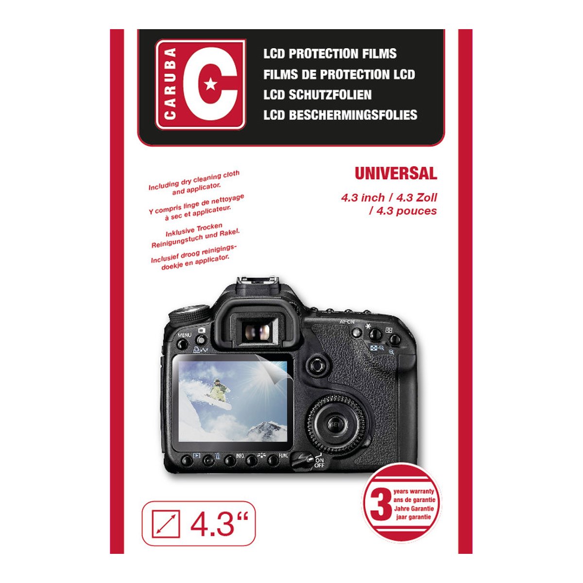 Caruba LCD-Abdeckung universal 4,3" - Verpackung Caruba LCD Schutzfolien mit 4.3 Zoll Universalgröße und Anwendungsbeispiel auf Kamera-Display.