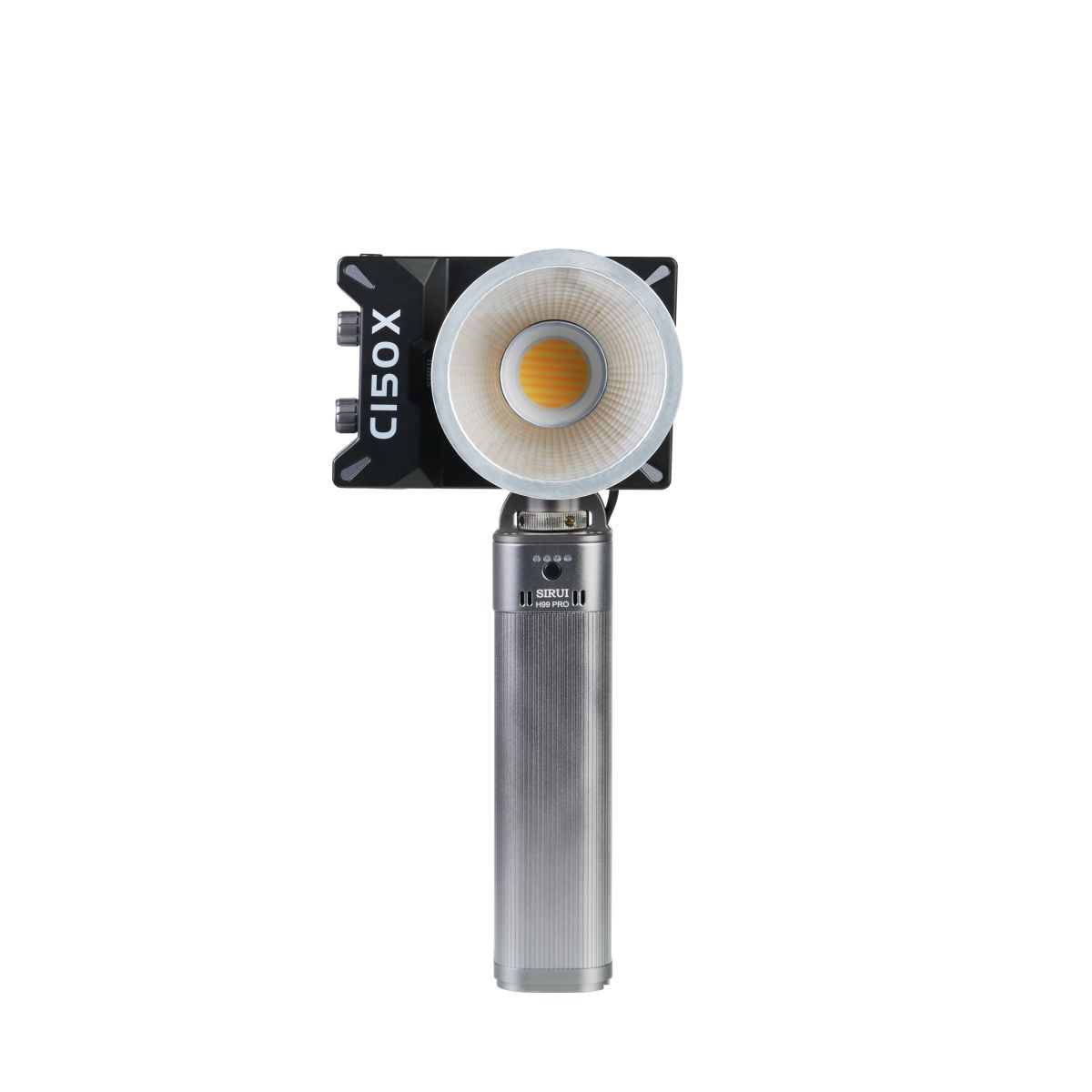 Sirui C150X Lite Mini LED Bicolor Dauerleuchte mit Reflektor und Akkugriff Frontansicht