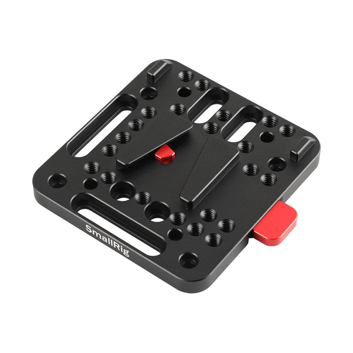 SmallRig 1846C V-Lock Assembly-Kit Quick Release-Set (V-Mount) - Schrägansicht der schwarzen SmallRig Montageplatte mit roten Schnellspannern und Gewindebohrungen.