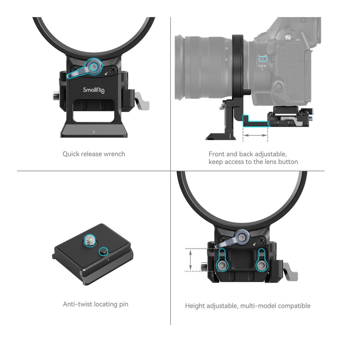 SmallRig 4306 Drehbares Horizontal- Vertikal-Montageplatten-Kit für Nikon Z - Detailansichten: Kamerakäfig Funktionen wie Schnellverschluss, Verstellbarkeit (vorne/hinten, Höhe), Verdrehsicherung.