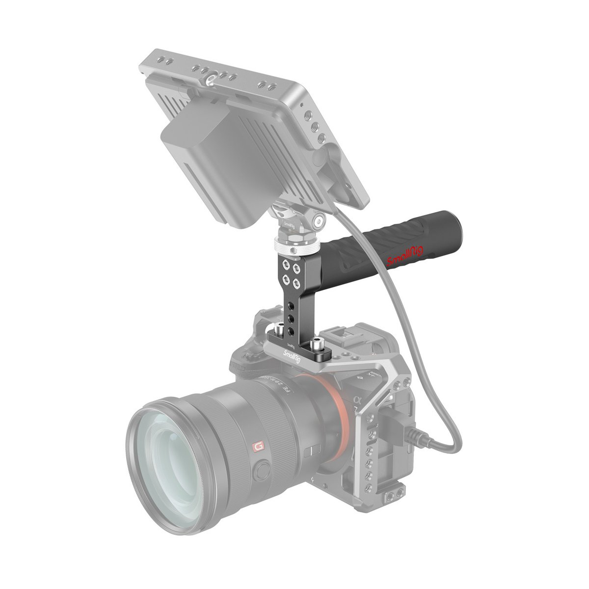 SmallRig 1446C Topgriff (Gummi) - Produktanwendungsbeispiel: Kamera mit SmallRig Cage, Top-Handle und externem Monitor.