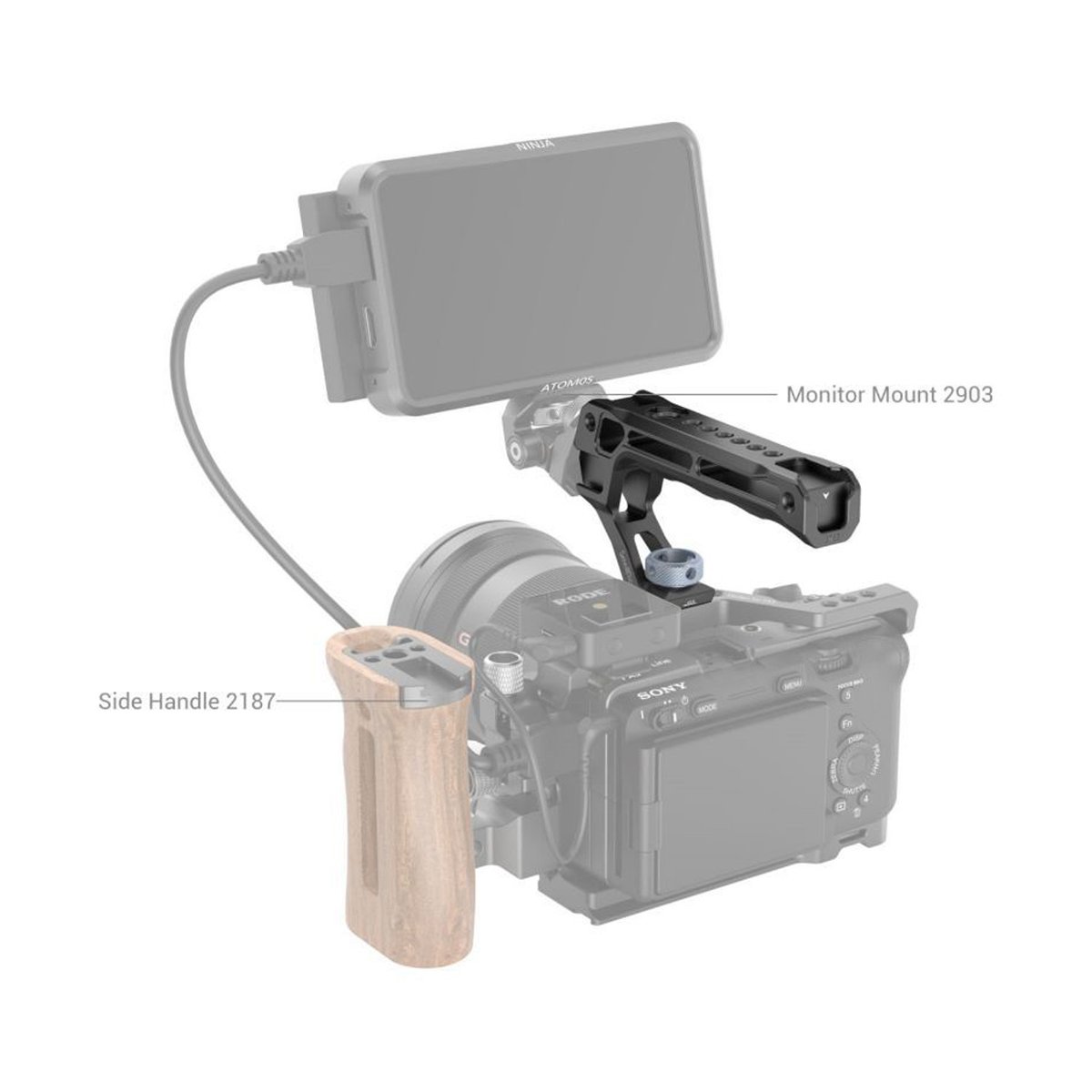 SmallRig 3765 ARRI-Fixiergriff oben Lite - Anwendungsbeispiel: Monitorhalterung 2903 und Seitenhandgriff 2187 an einer Kamera