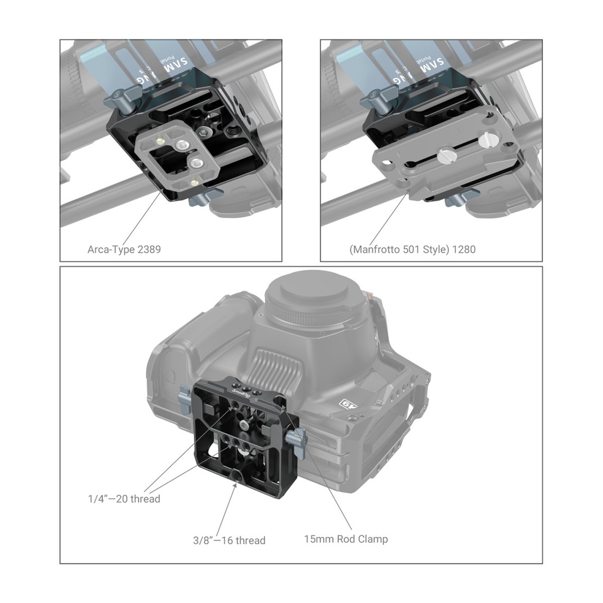 SmallRig 3357 Universal LWS Basisplatte mit doppelter 15 mm Stangenklemme - Detailansicht der Gewinde- und Klemmoptionen mit verschiedenen Wechselplatten