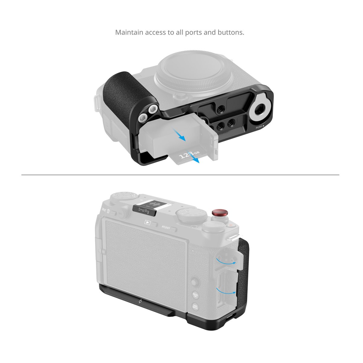 SmallRig 4876 L-Shape Mount Plate mit Silikongriff f. Fujifilm X-M5 - DETAILANSICHT: Kamera-Cage ermöglicht Zugriff auf Akku-/SD-Kartenfach und seitliche Kameraanschlüsse.
