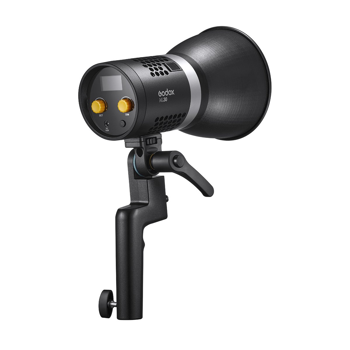 Godox ML-KIT1 ML60 & ML30 Trio-Set - Seitenansicht des Godox ML30 LED-Lichts mit Reflektor und Bedienelementen.
