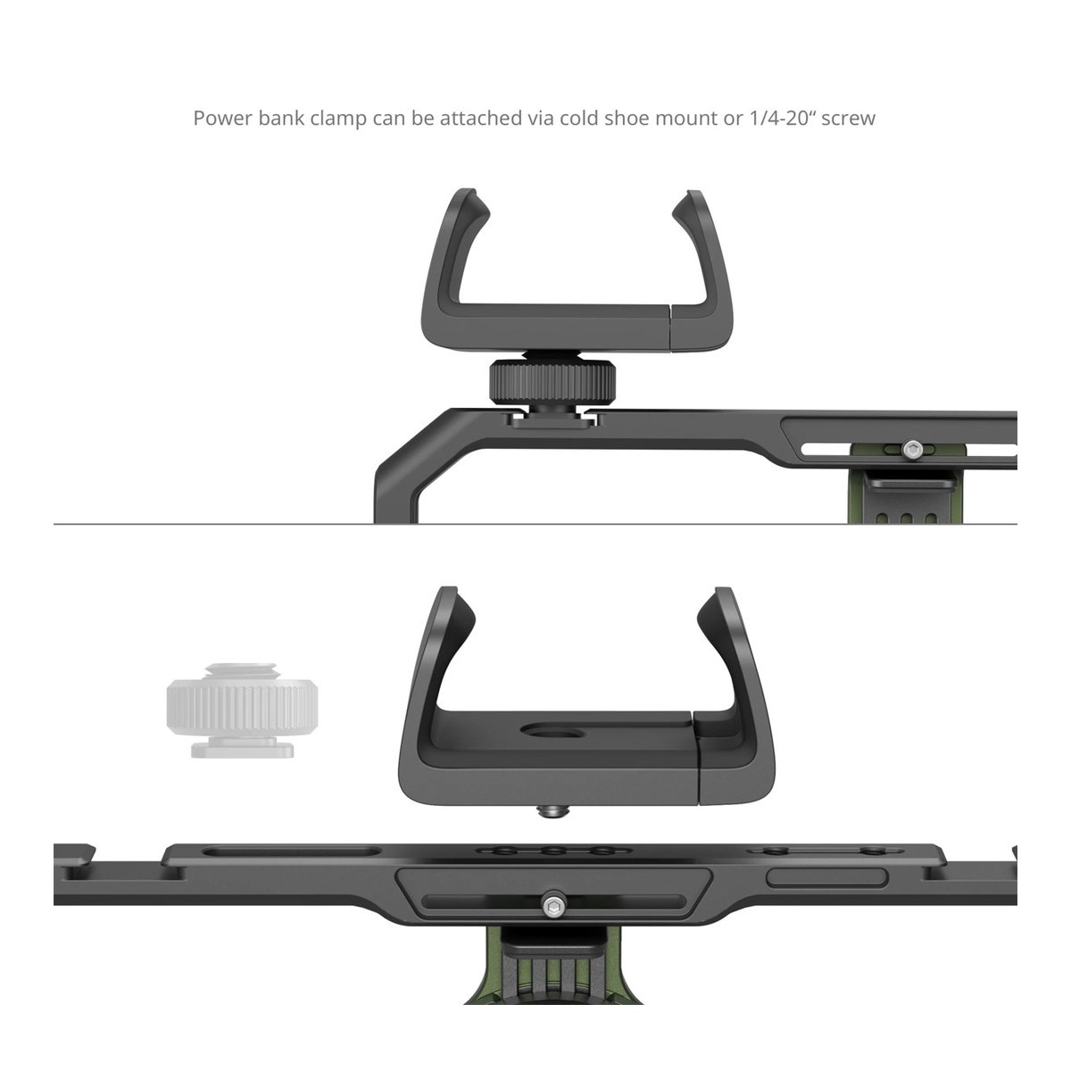 SmallRig 4596 All-In-One Mobile Video Kit Co-Design Edition - Detail der Powerbank-Klemme: Anbringung über Cold Shoe oder 1/4-Zoll-Gewinde.