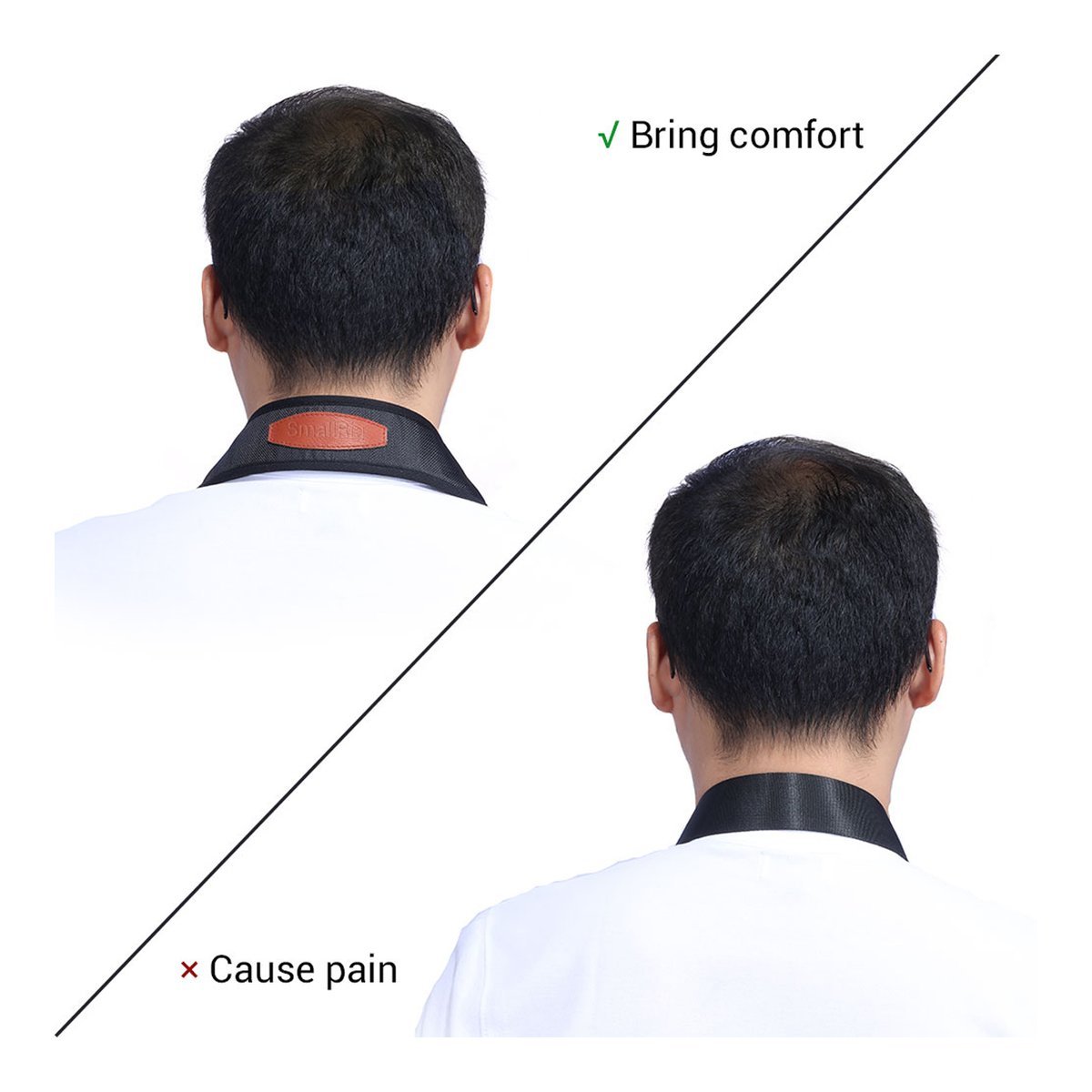 SmallRig 2428 Camera Shoulder Strap - Anwendungsbeispiel: Nackengurt Vergleich zwischen breiter Polsterung (Komfort) und dünnem Riemen (Schmerz).