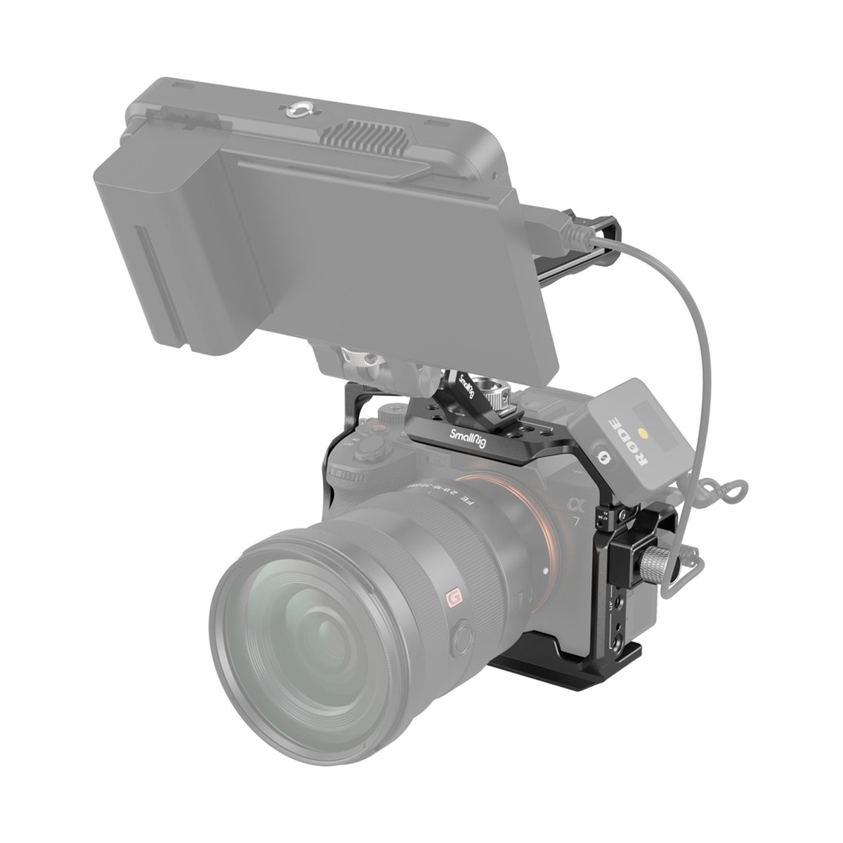 SmallRig 3668B Basic Kit für Sony Alpha 7R V / Alpha 7 IV / Alpha 7SIII - Anwendungsbeispiel: SmallRig Kamerakäfig mit Kamera, externem Monitor & RODE Mikrofon montiert