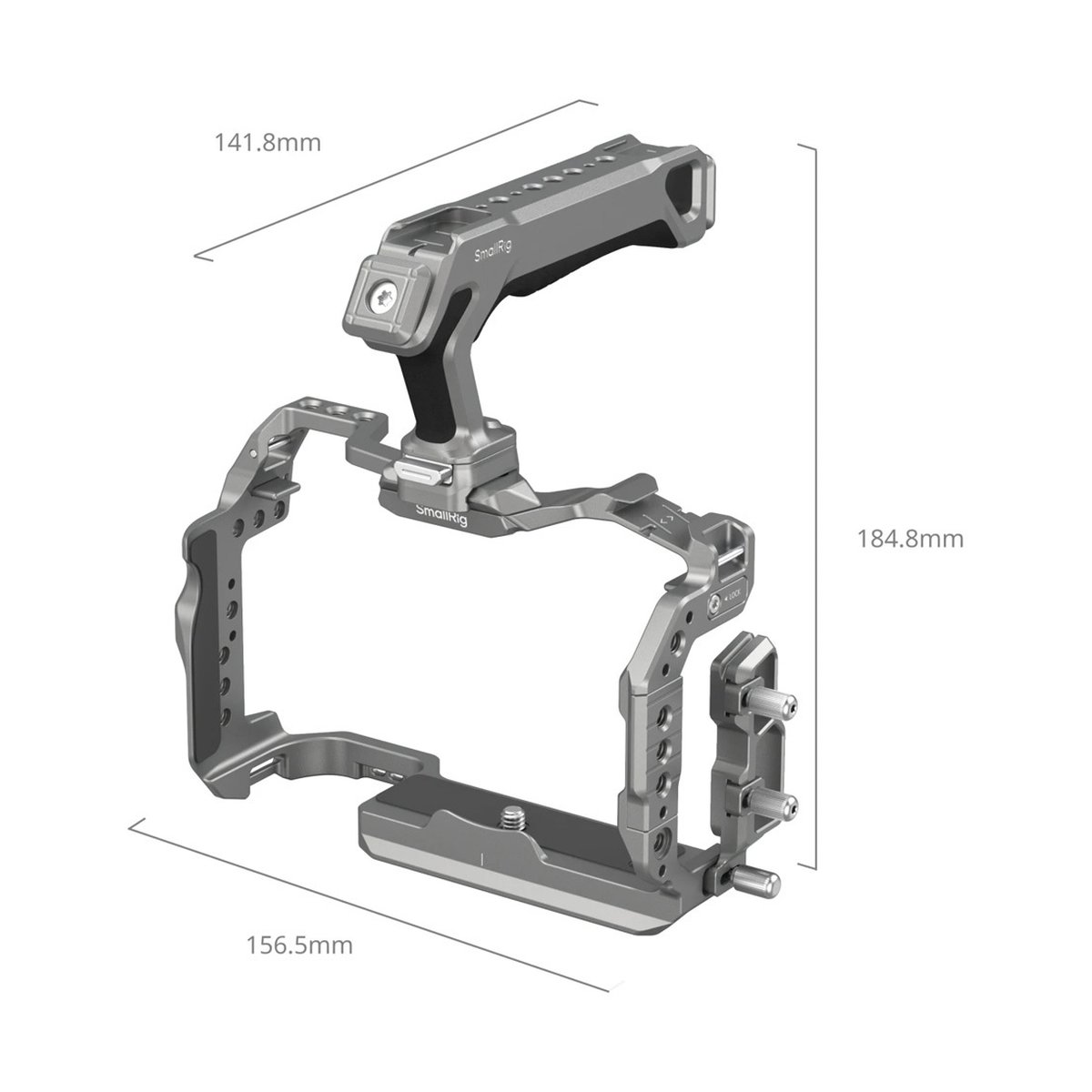 SmallRig 5029 HawkLock QR Cage Kit f. Canon EOS R5 II - 3D-Ansicht mit Abmessungen des Kamera-Cages