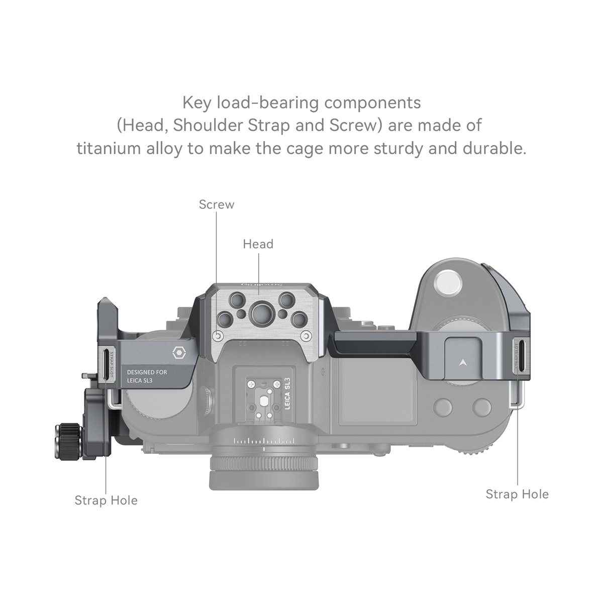 SmallRig 4510 Cage Kit for Leica SL3 - Draufsicht Kamera-Cage für Leica SL3: Technische Details zu tragenden Titan-Komponenten und Gurtlöchern.