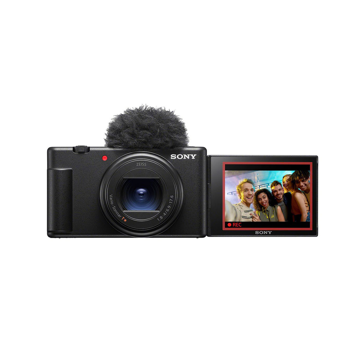 Sony ZV-1 II Vlog Kamera mit Poppschutz und Mikro mit offenem Display von vorne
