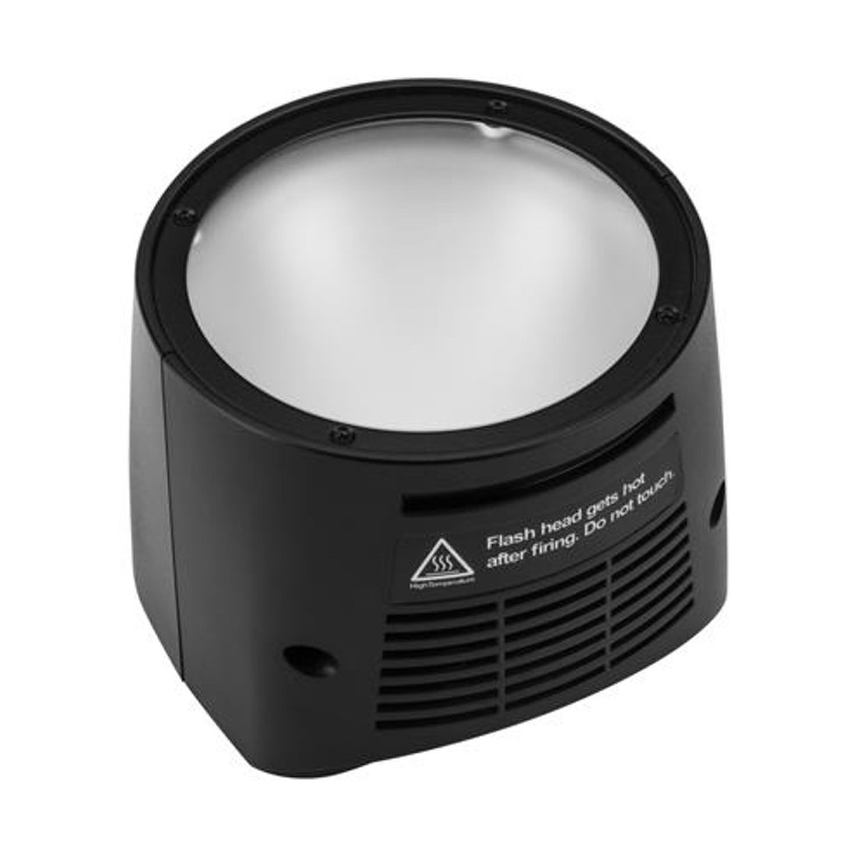 Godox Round Flash Head voor AD200 - Schräge Ansicht des Blitzkopfes mit Reflektor, Warnhinweis "Flash head gets hot" und Lüftungsschlitzen.