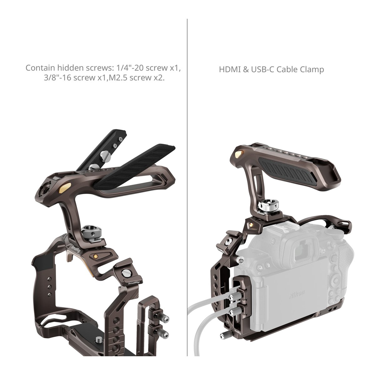 SmallRig 5259 Night Eagle Kit, Cage für Nikon Z5II/5, Z6II/6, Z7II/7 - Kamerakäfig: Detailansicht versteckter Schrauben und der HDMI/USB-C Kabelklemme in Anwendung.