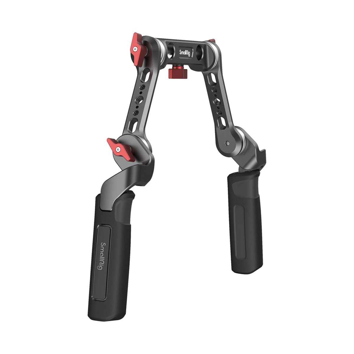 SmallRig 2002 Griffkit für Schulterrig 2 gummierte Griffe + 15mm-Rodaufnahme - Perspektivansicht eines SmallRig faltbaren Kamera-Doppelgriffs mit roten Drehknöpfen.