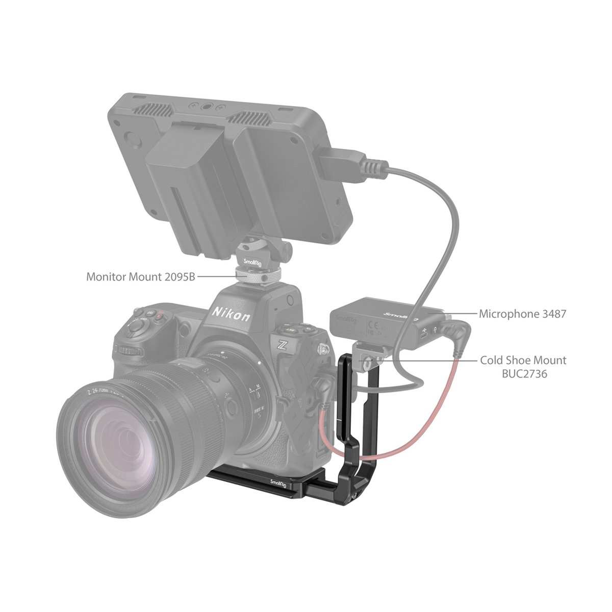 SmallRig 3942 L-Bracket für Nikon Z 8 - Anwendungsbeispiel: Kamera-Setup mit Monitor Mount 2095B, Mikrofon 3487 und Cold Shoe Mount BUC2736.