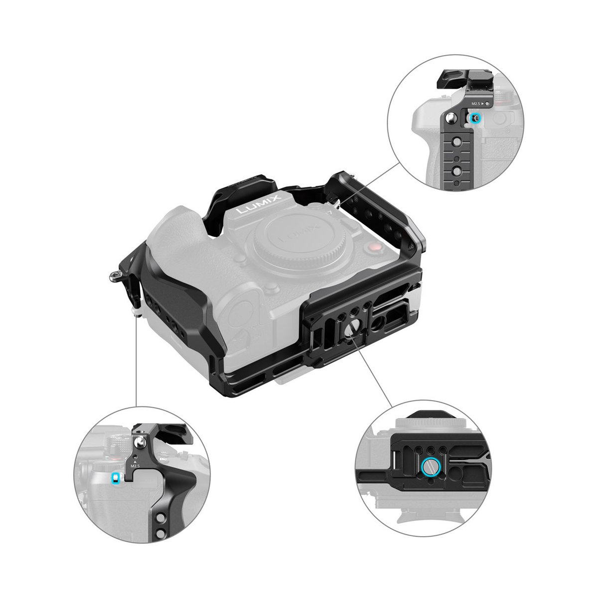 SmallRig 4824 HawkLock QR f. Lumix GH7 / GH6 - Kamera-Cage an Lumix-Kamera befestigt mit Detailansichten der Fixierung.