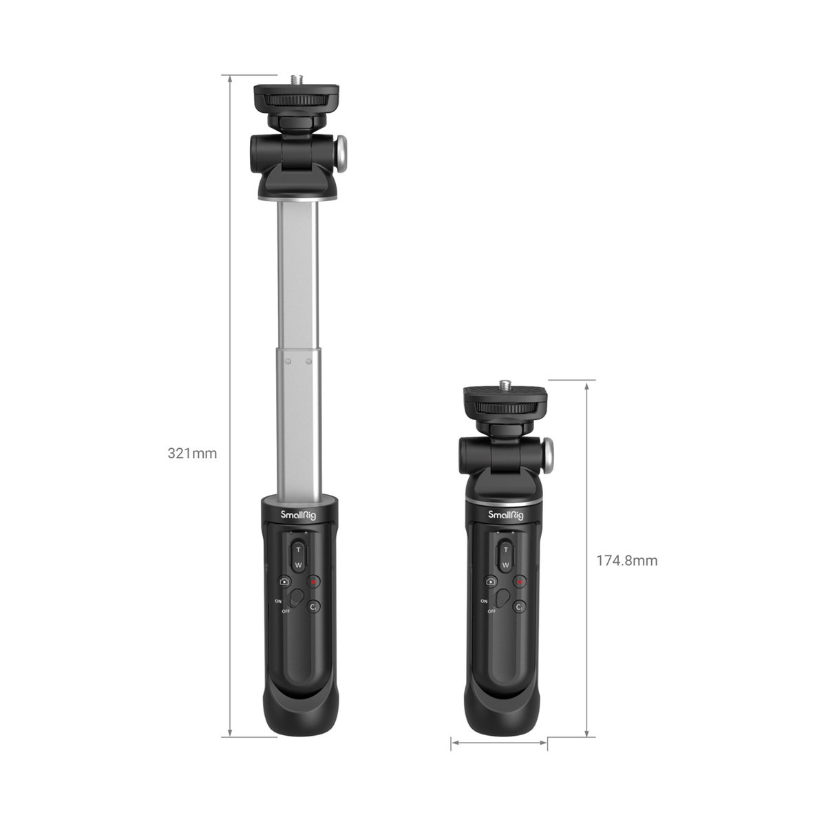 SmallRig 3326 SR-RG1 Aufnahmegriff mit kabelloser Fernbedienung - Abmessungen: SmallRig Stativgriff ausgefahren (321mm) und eingefahren (174.8mm)