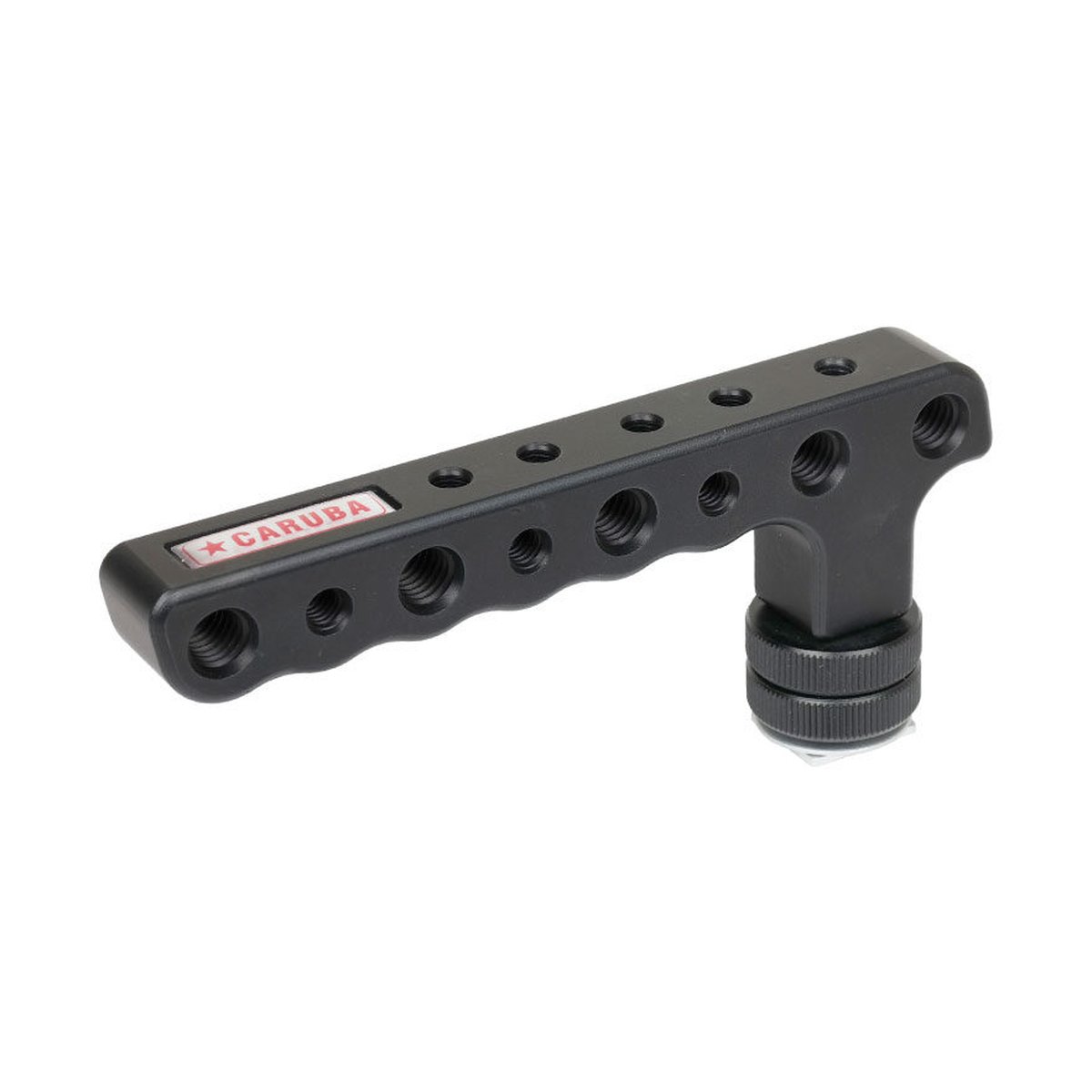 Caruba Kameragriff Einzeln - Perspektivische Ansicht: Schwarzer Caruba Kamera-Top-Handle mit mehreren Gewindebohrungen und Cold Shoe Mount.