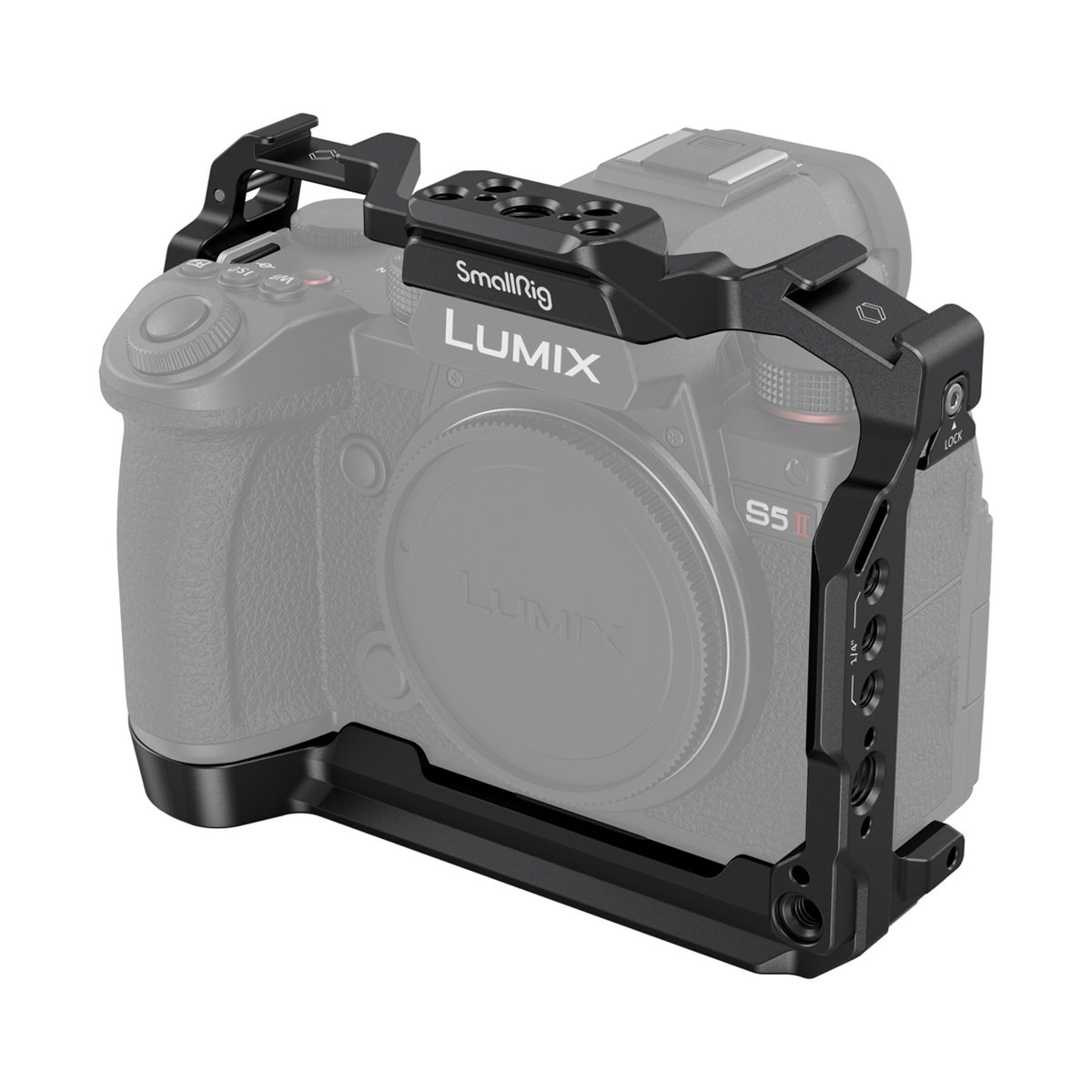 SmallRig 4022 Cage für Panasonic Lumix G9 II / S5 II / S5 IIX - Detailansicht: SmallRig Kamerakäfig an Lumix S5 II Kamera montiert.