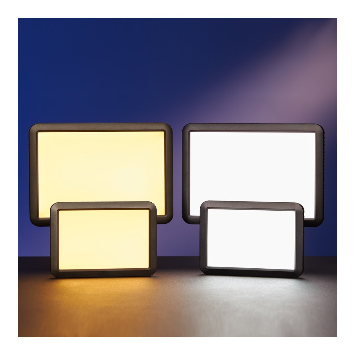 Godox LDP8Bi Streaming Slim Panel Light - Darstellung der Farbtemperaturen: Vier LED-Leuchten in Warmweiß & Kaltweiß, jeweils in zwei Größen.