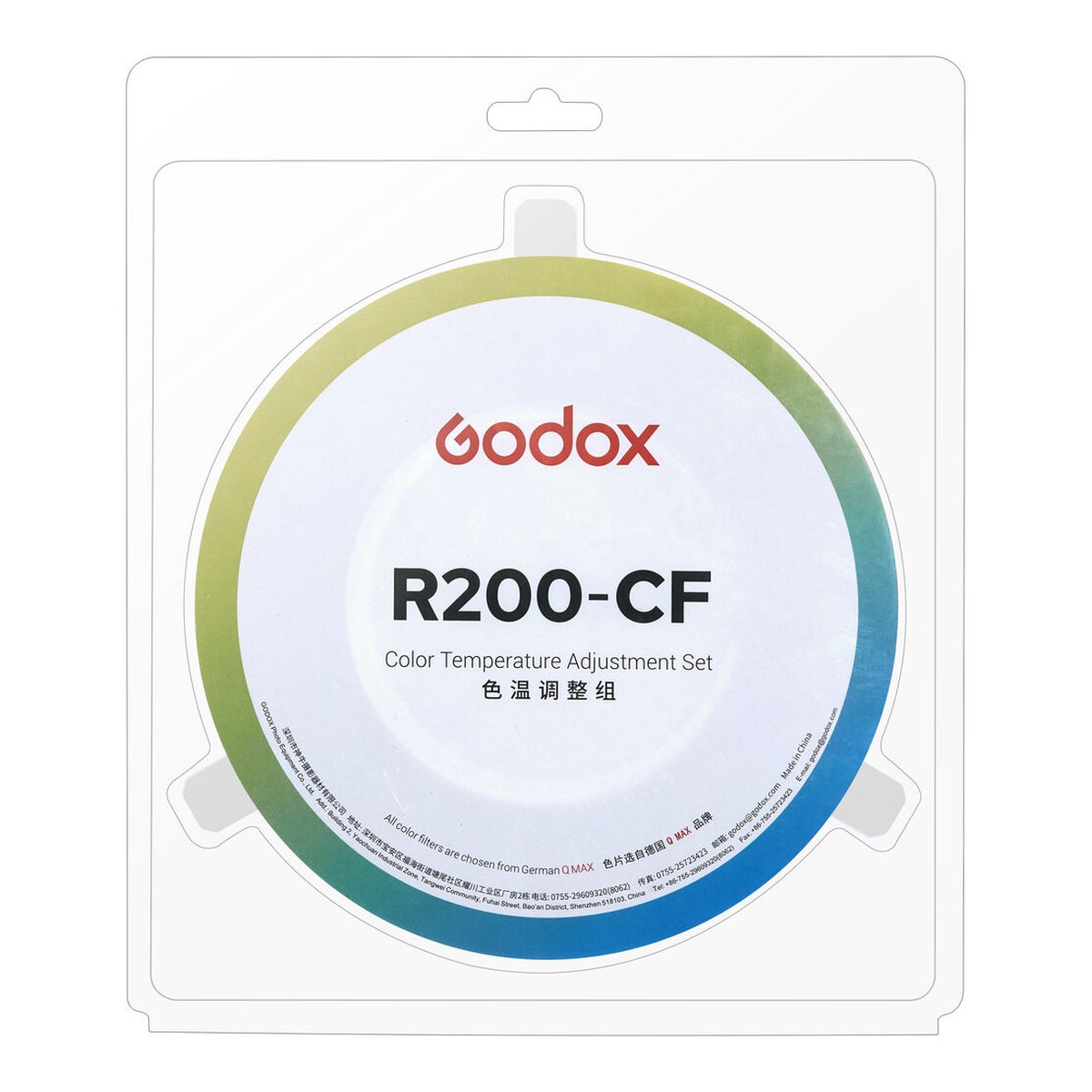 Godox R200-CF Farbgel-Kit für R200 - VERPACKUNG: Godox R200-CF Farbtemperatur-Anpassungsset in Blisterverpackung, Frontansicht.