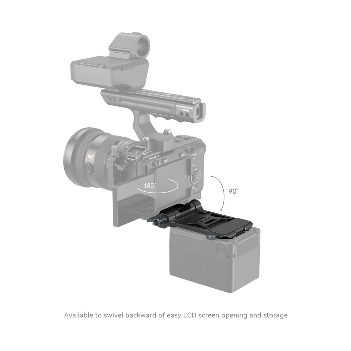 SmallRig 4064B Kompaktes V-Mount-Batterie Montagesystem - Anwendungsbeispiel: Schwenkfunktion der Montageplatte für freien LCD-Zugang am Kameragehäuse.