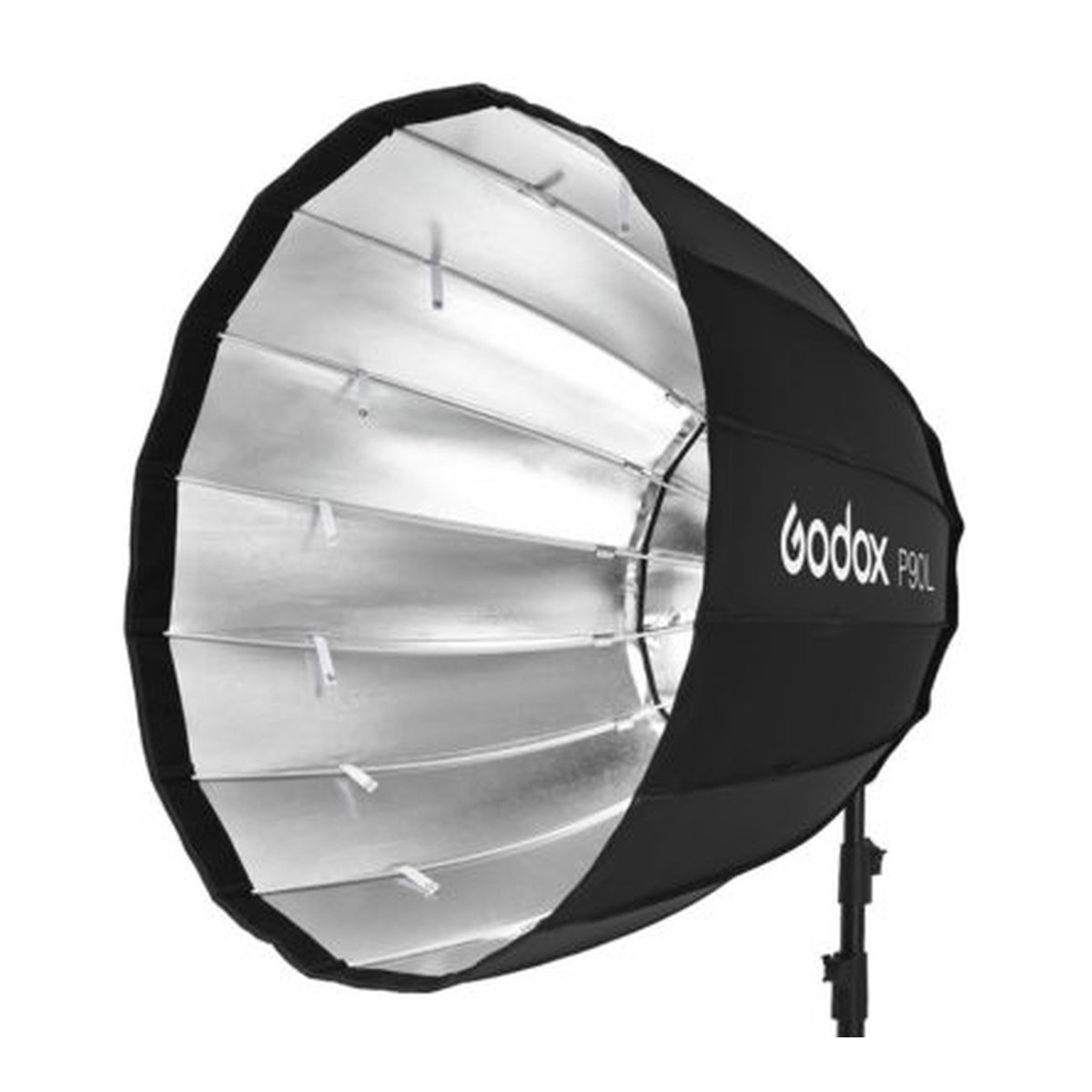 Godox Parabolic Softbox Elinchrom P120LE - Schrägansicht des Godox P90L Parabol-Softbox mit silbernem Inneren und Godox-Logo.