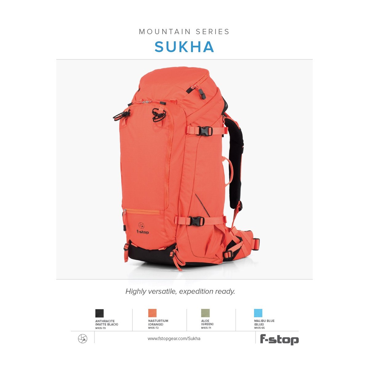 F-Stop Sukha Anthrazit (Schwarz) - Frontansicht des orangefarbenen F-stop Sukha Rucksacks