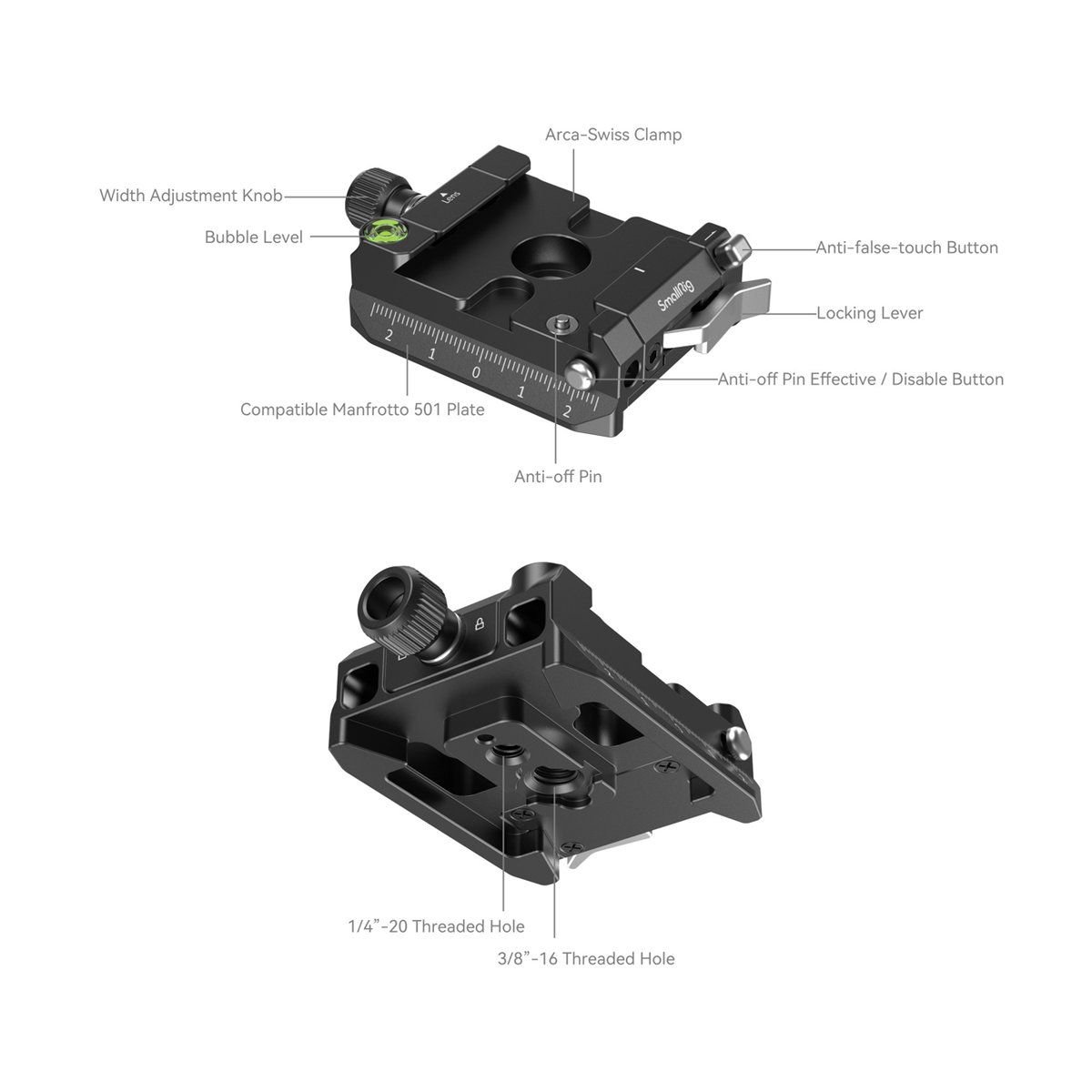 SmallRig 4234 Arca-Swiss/Manfrotto Montageplatten-Kit - Detaillierte Produktansichten der Schnellwechselplatte mit beschrifteten Funktionen und Gewindeanschlüssen.