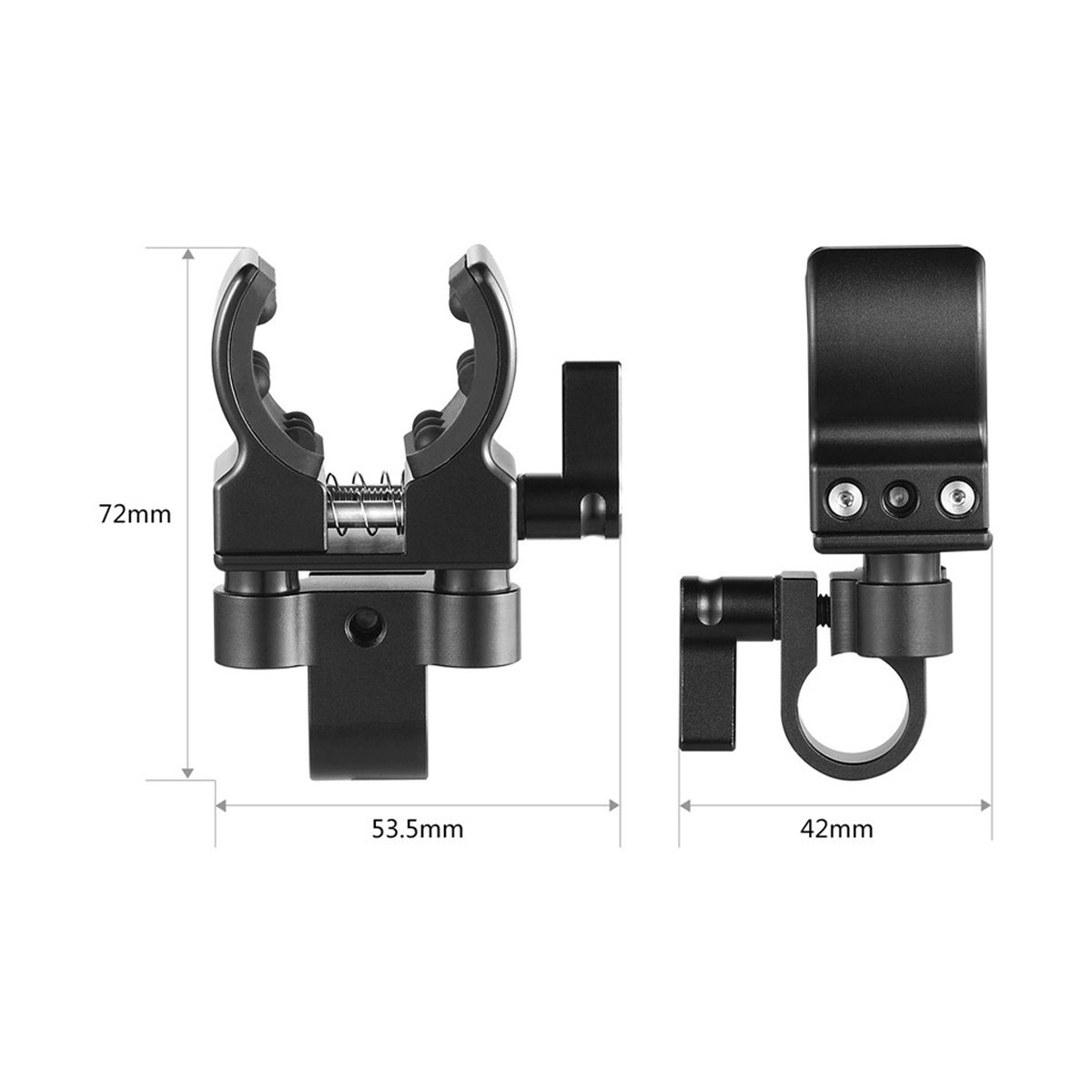 SmallRig 1993B Universal Shotgun Mikrofon Halterung - Produktmaße: Vorder- und Seitenansicht der schwarzen Halterung.