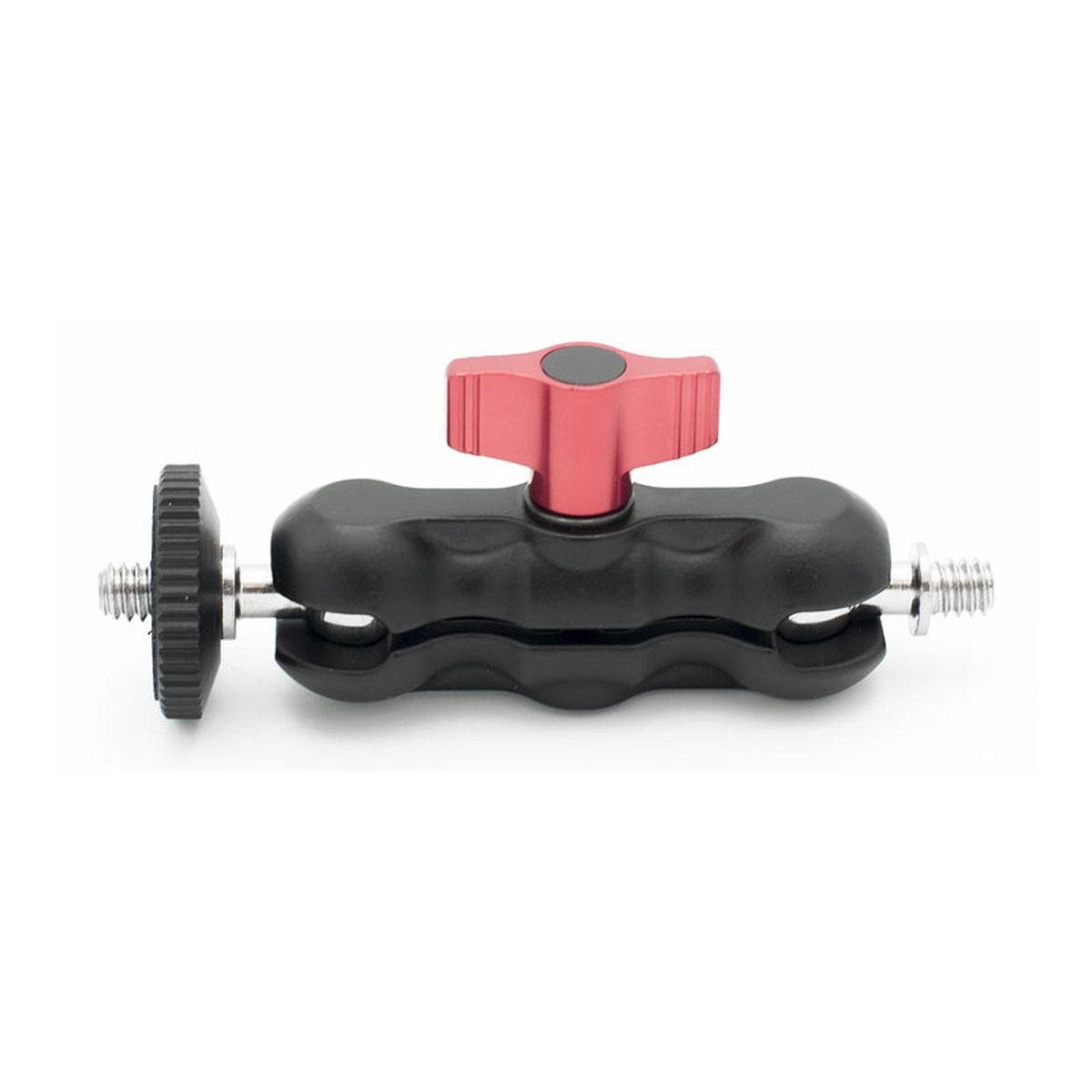 Caruba Bean Magic Arm für Monitor Light Large - Frontansicht eines schwarzen Kugelgelenk-Arms mit rotem Feststellknopf und beidseitigen Gewindeschrauben