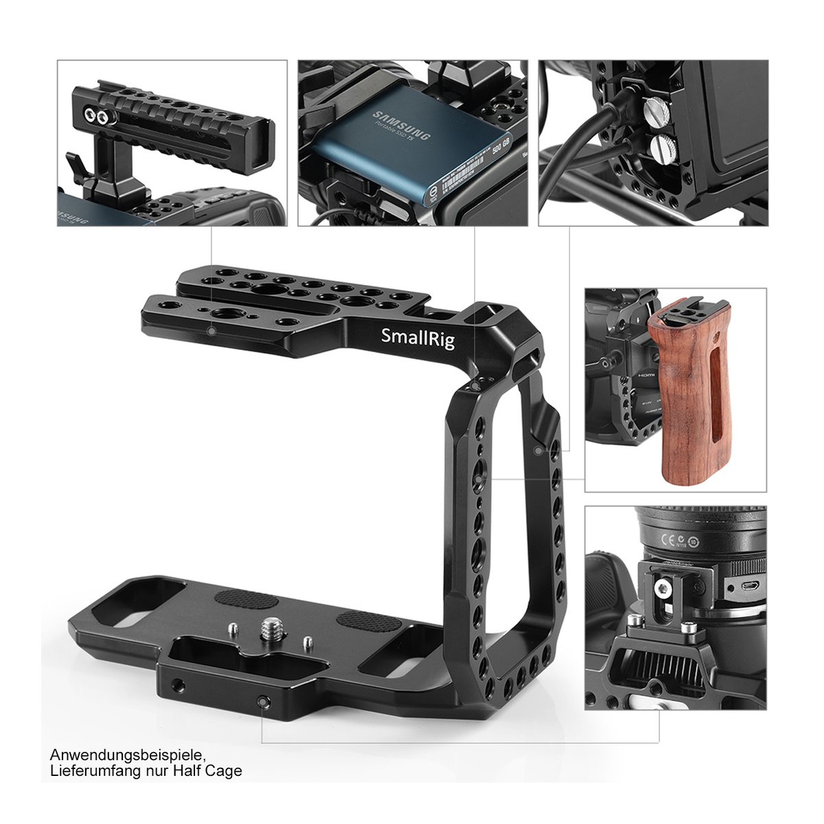 SmallRig 2254B Halbkäfig für BMPCC 4K/6K - Anwendungsbeispiele des SmallRig Half Cage mit Griff, SSD, Kabel und Objektivstütze.