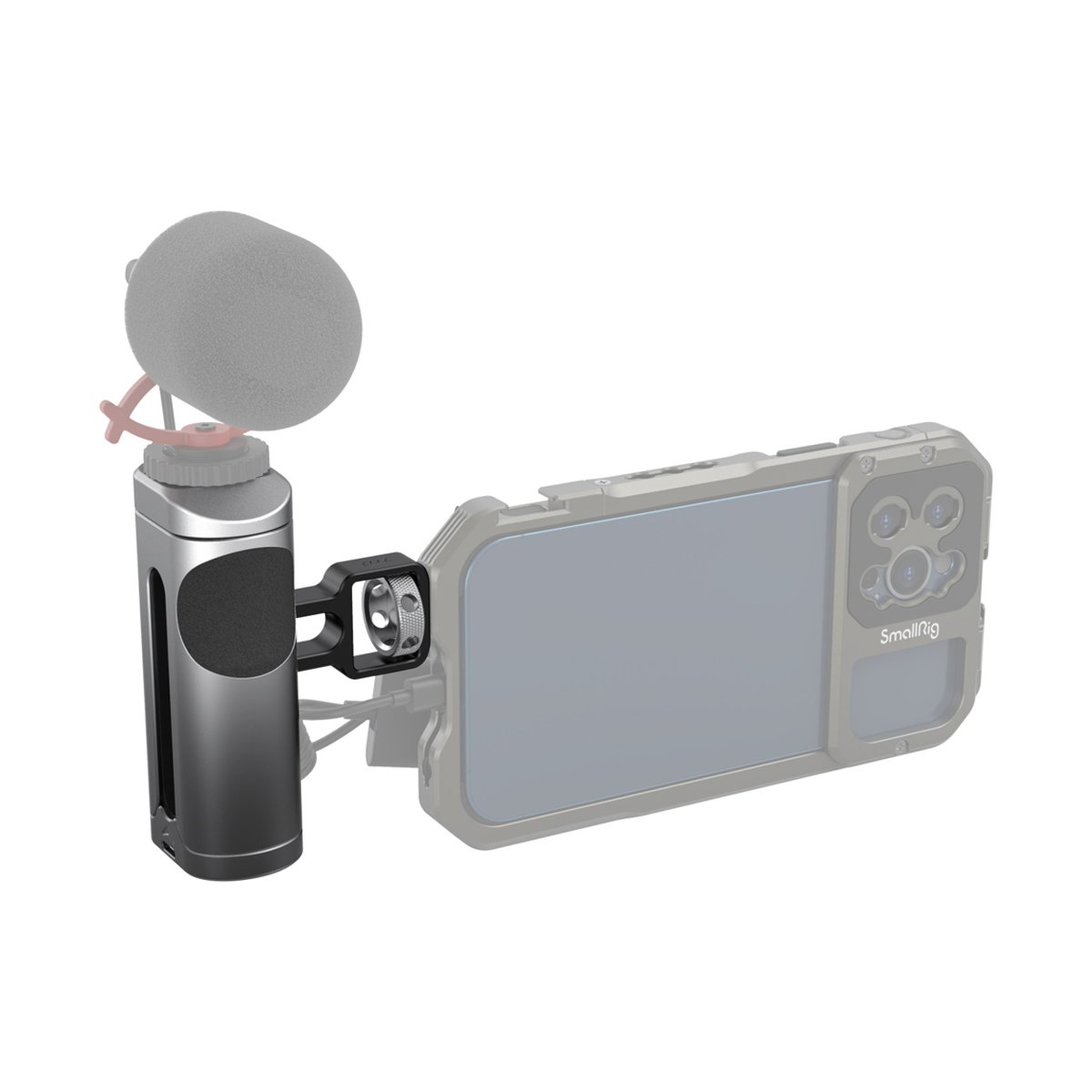 SmallRig 3894 Seitengriff für Mobiltelefon-Cages - Anwendungsbeispiel: Seitenhandgriff mit Mikrofon, befestigt an einem SmallRig Smartphone-Käfig.