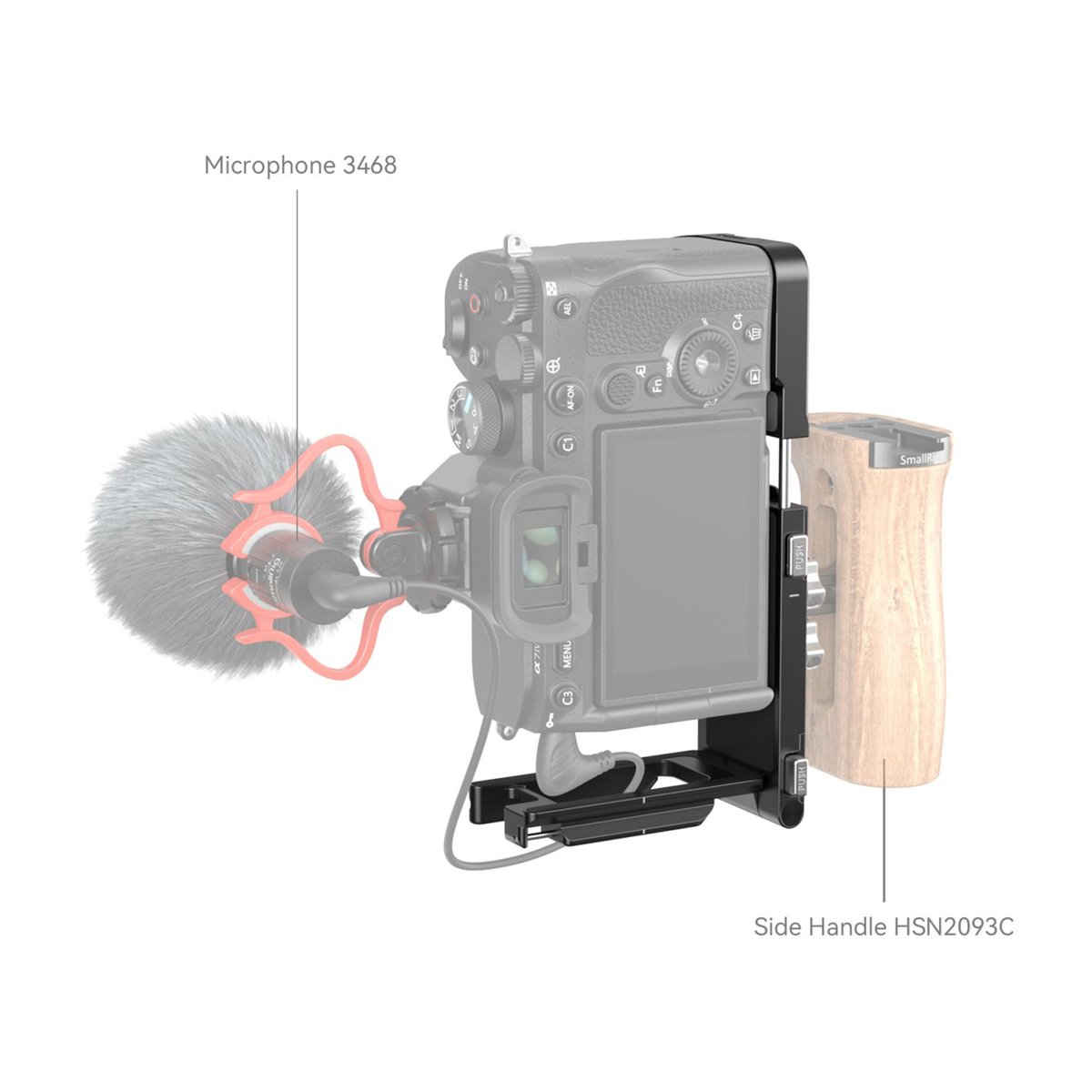 SmallRig 3984 faltbares L-Bracket für Sony A7R V / A7 IV / A7S III - Anwendungsbeispiel: Kamera mit befestigtem Mikrofon und seitlichem Holzgriff