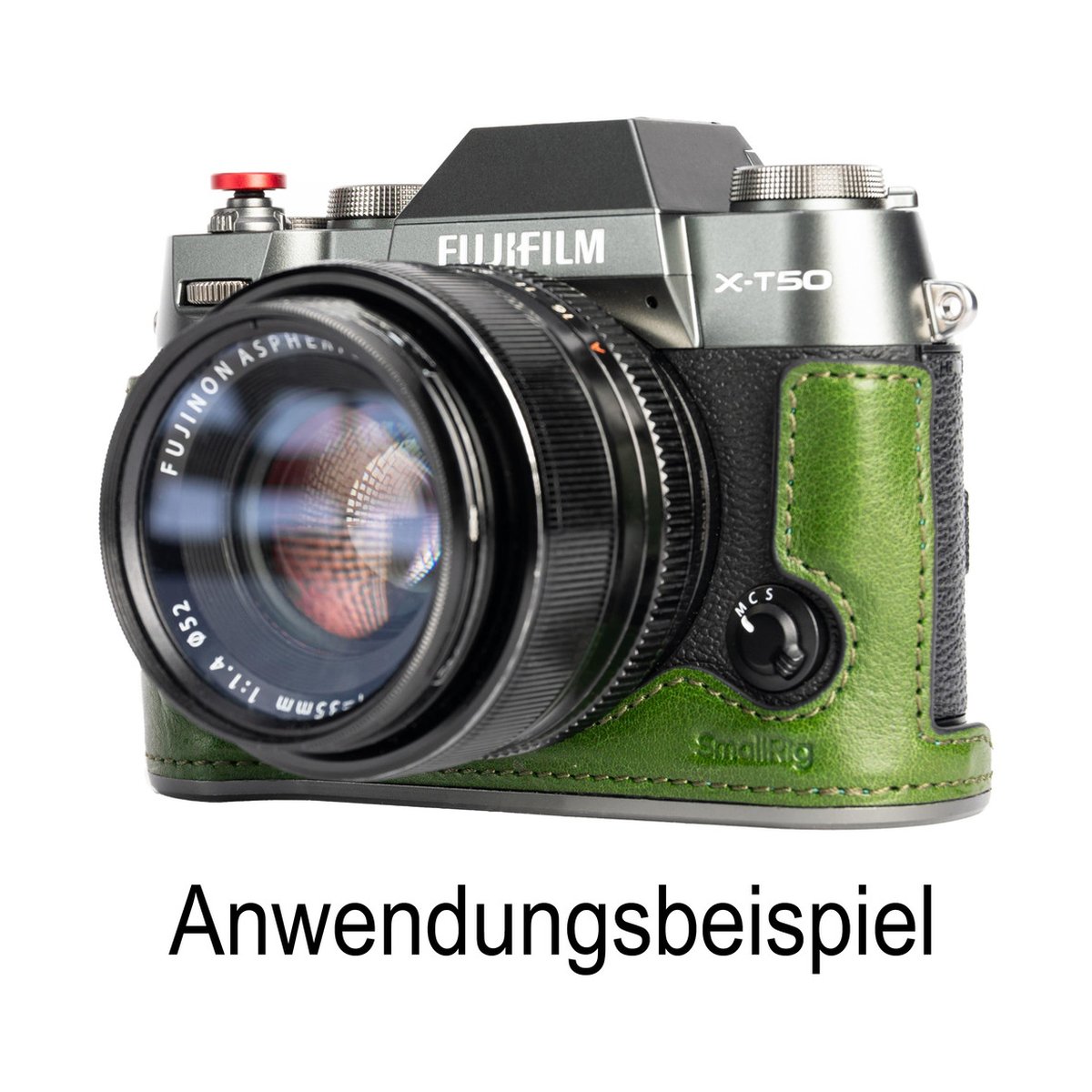 SmallRig 4711 Leather Half Case Kit für Fujifilm X-T50 green - Anwendungsbeispiel: Fujifilm X-T50 Kamera mit grünem SmallRig Leder-Halbcase