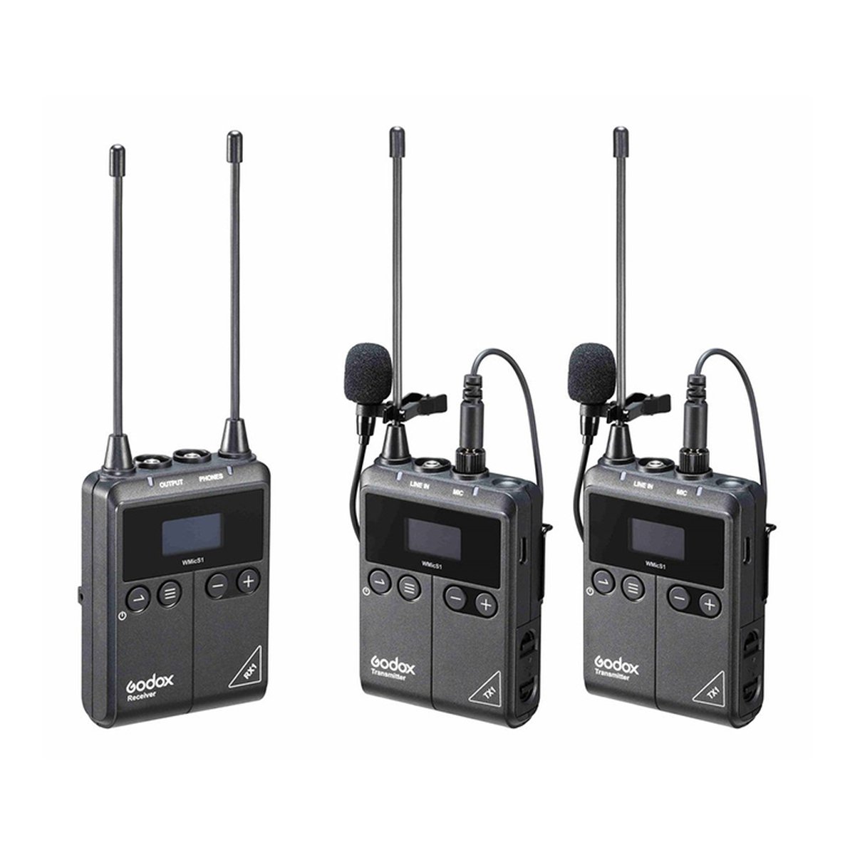 Godox UHF Drahtlos- und Lavaliermikrofon-Dubbelkit (2x TX1 /1x RX1 /2x LMS-12 AXL) - Lieferumfang: Ein Godox Funkmikrofon-Empfänger und zwei Sender mit Lavalier-Mikrofonen.