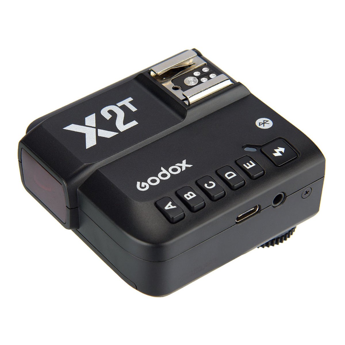 Godox X2 transmitter Sony - Godox X2T Blitzauslöser, Schrägansicht von oben, zeigt Hot Shoe, Tasten und Anschlüsse.