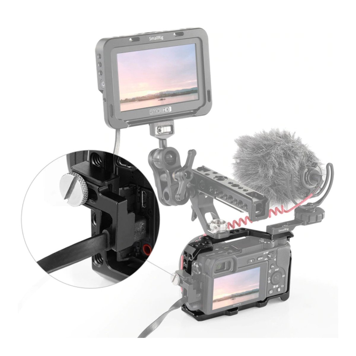 SmallRig 2310C Cage für Sony A6100/6300/6400/6500 - Detailansicht Kabelklemme am Kamerakäfig.