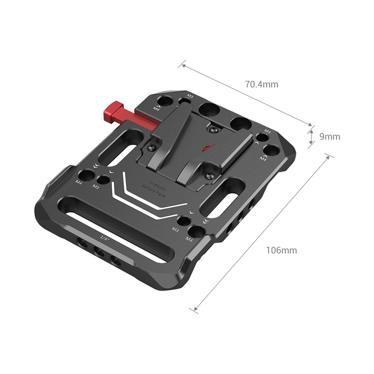 SmallRig 2988 V-Mount-Akku-Adapterplatte - Schräge Ansicht einer V-Mount Batterieplatte mit Maßen und Gewinden