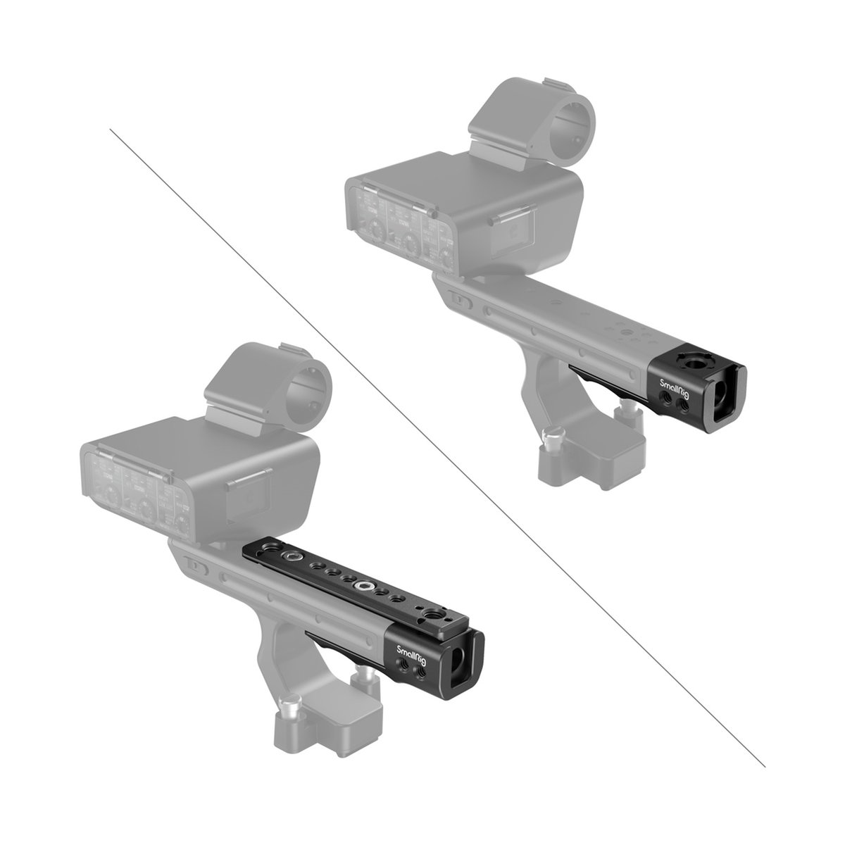 SmallRig 3490 XLR Handgrifferweiterung mit NATO Schiene für Sony FX3 - Konfigurationsbeispiele des Handgriffs: Basisversion und mit zusätzlicher Zubehörschiene.