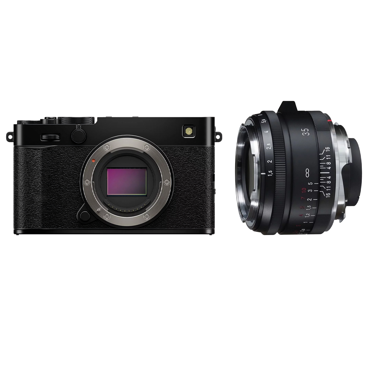 Fujifilm X-E5 Schwarz mit 35mm 1:1,5 Voigtländer Nokton Vintage Aspärisch Typ I VM Schwarz