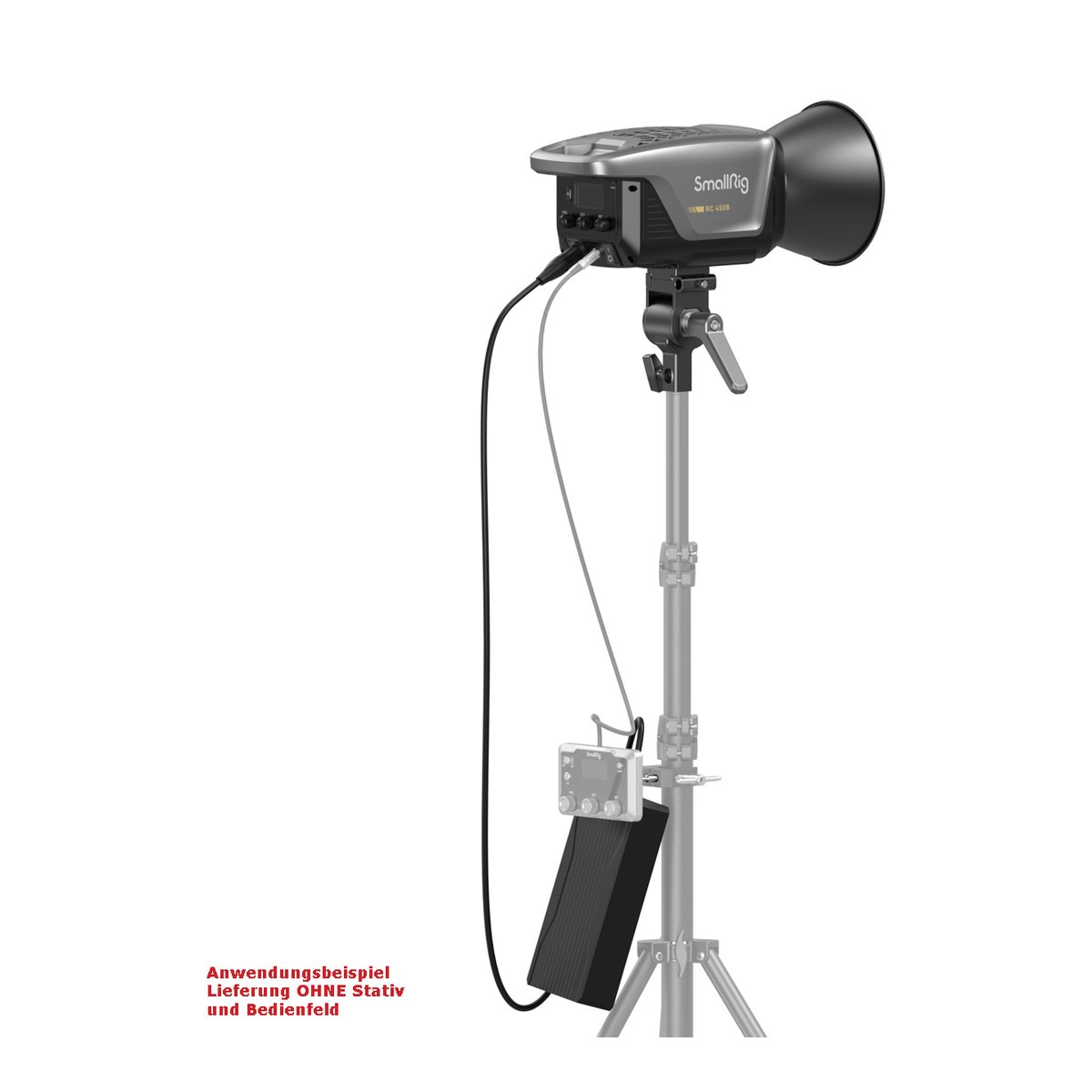 SmallRig 3976 RC 450B Bi-Color LED- Videoleuchte - Anwendungsbeispiel: SmallRig RC 450B Studioleuchte mit Netzteil und Bedienfeld am Stativ.