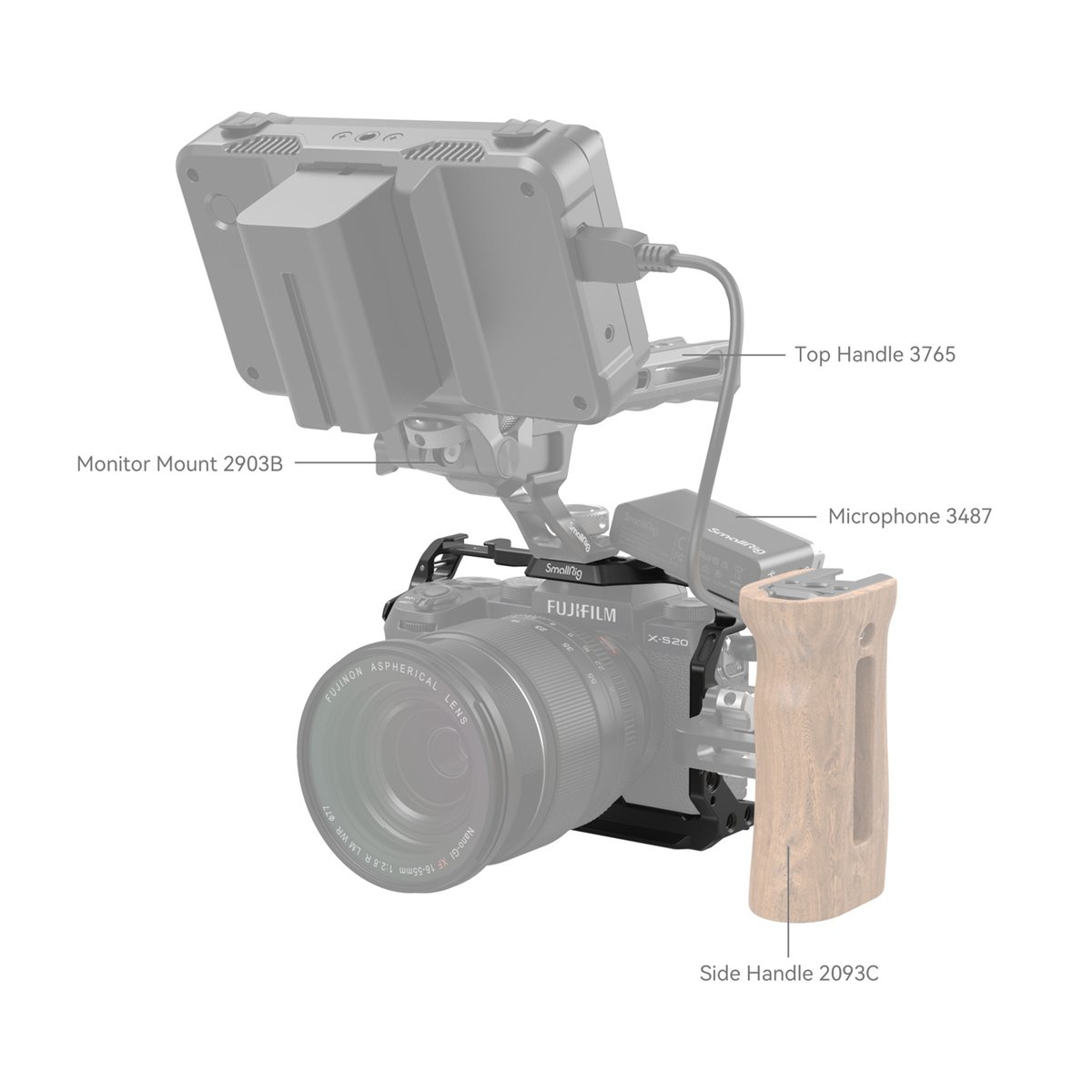 SmallRig 4230 Cage für Fujifilm X-S20 - Anwendungsbeispiel des Kamera-Rigs mit Monitor, Mikrofon, Top- und Side-Handle.
