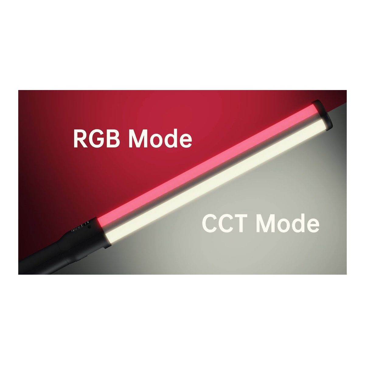 Godox LED LC500R RGB-Lichtschlauch - Modi-Darstellung: Lichtstab zeigt roten RGB- und weißen CCT-Modus.