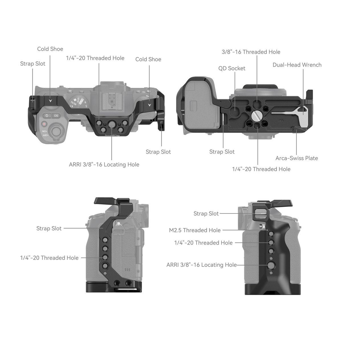SmallRig 4230 Cage für Fujifilm X-S20 - Technische Ansichten mit beschrifteten Details des Kamera-Cages.