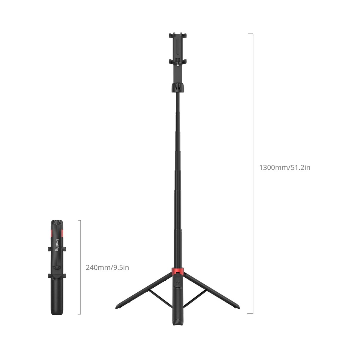 SmallRig 4729 ST-25 Pro schwarz Selfie Stick Stativ - Größenvergleich des Selfie-Sticks/Stativs: Kompakt 240mm, ausgefahren 1300mm